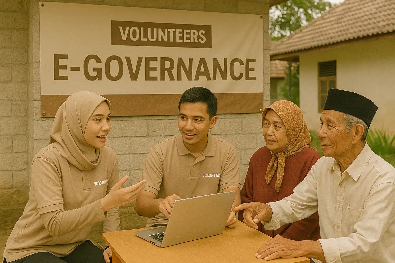 Volunteers guiding village elders through an e-governance application on a laptop