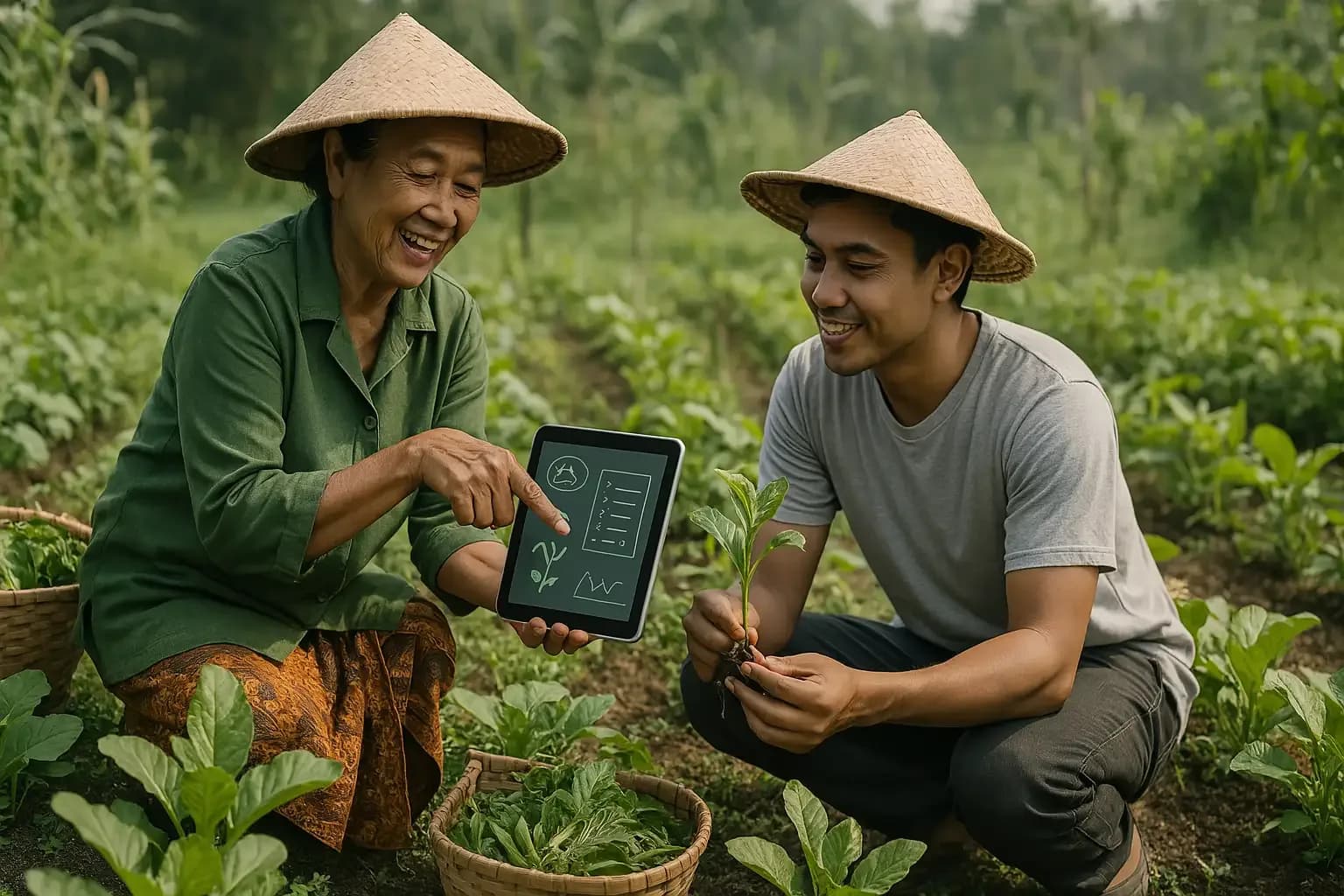 Farmers reviewing crop data together in a vegetable field