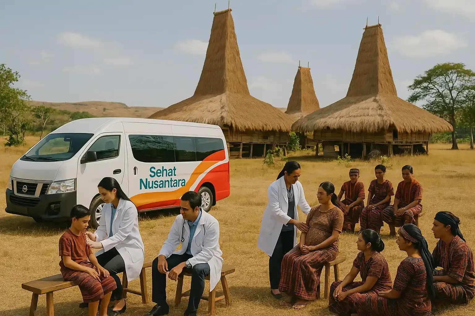 Sehat Nusantara mobile clinic van serving mothers and children in a village