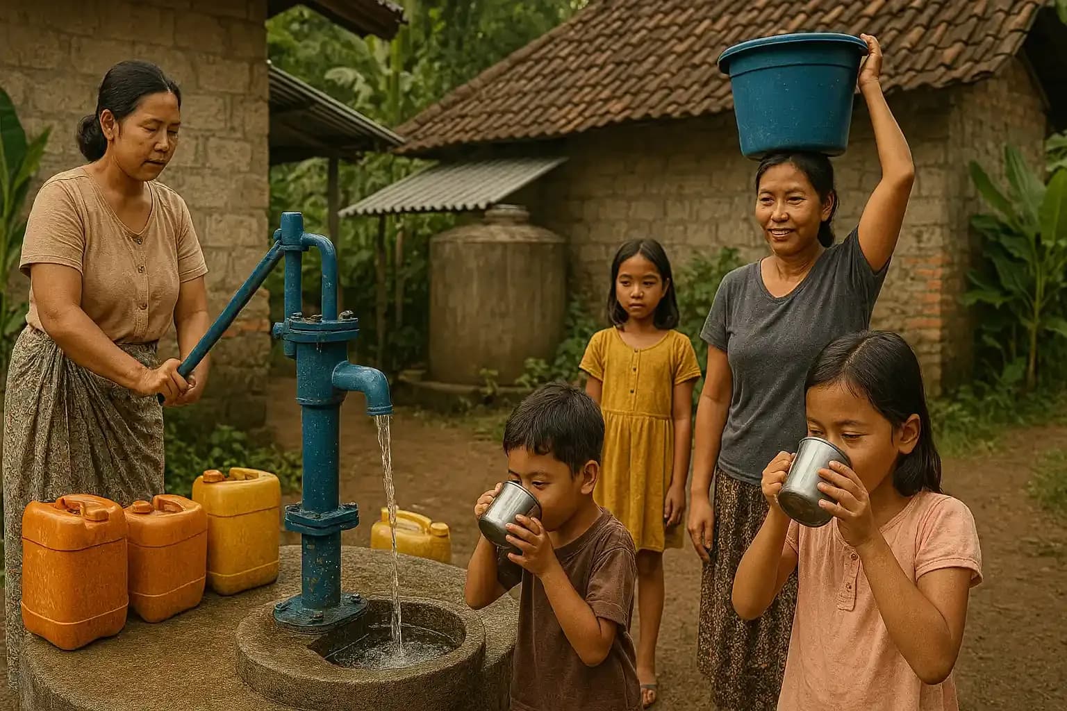 Community members around a new water point in a dry-region village
